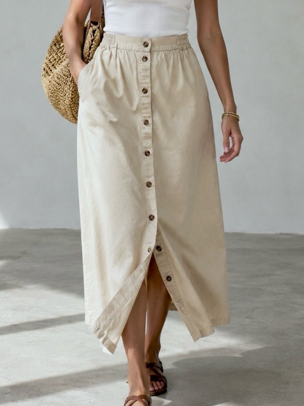 Bobbie Brooks Button Front Maxi Skirt Beige Cotton Elastic Waist Pockets Size 10